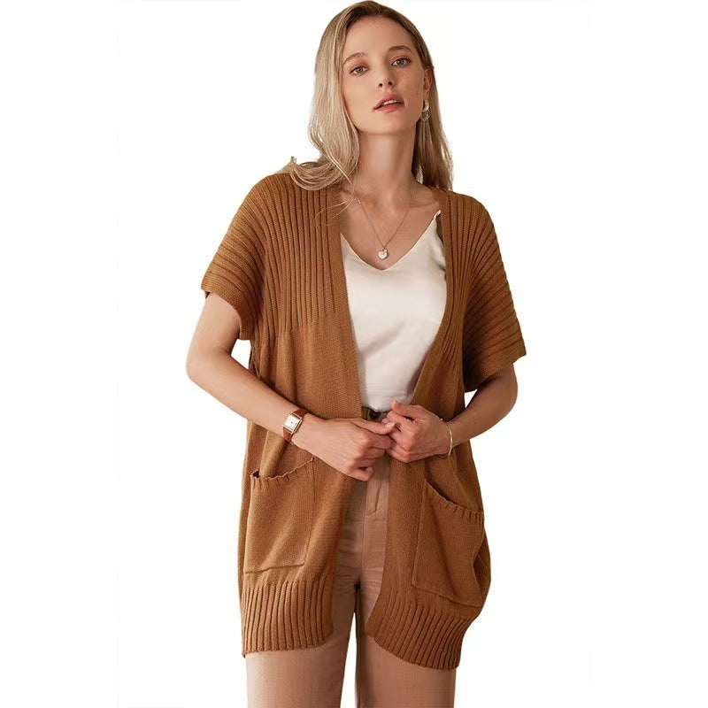 Women's Open-Front Knit Cardigan Short Sleeve Ribbed Pocket Casual Longline