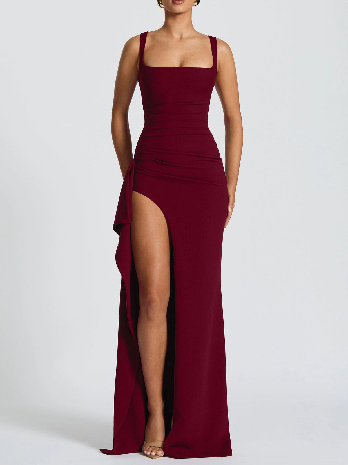 Women's Maxi Dress Square Neck Sleeveless High Slit Ruched Bodycon Evening Gown