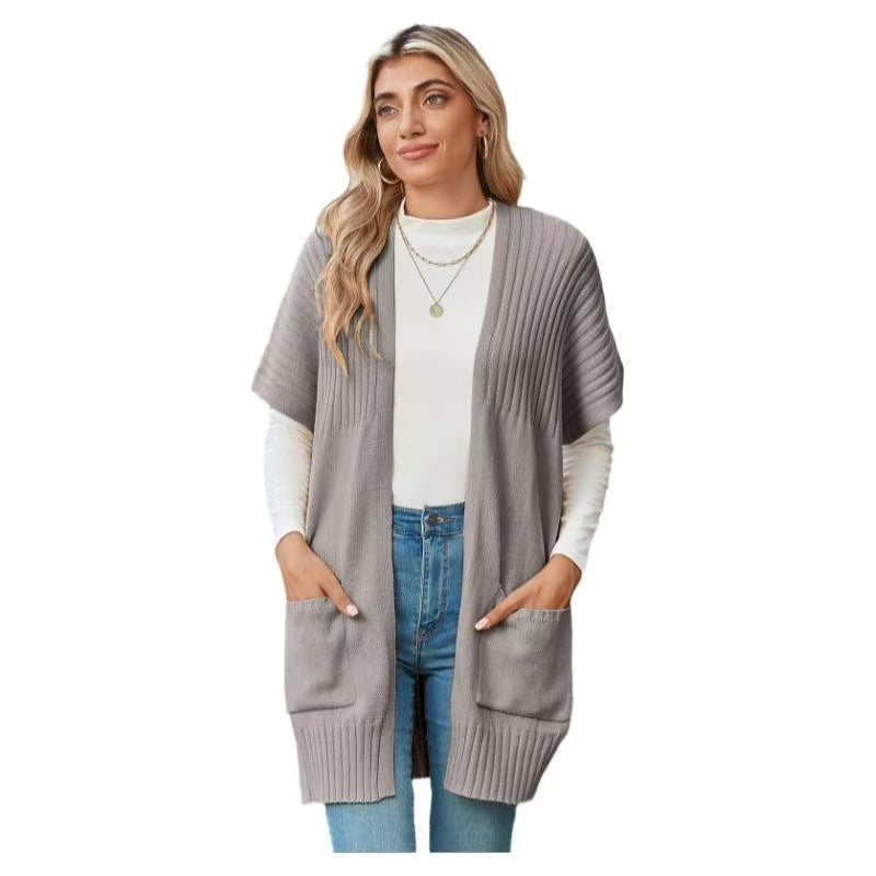 Women's Open-Front Knit Cardigan Short Sleeve Ribbed Pocket Casual Longline