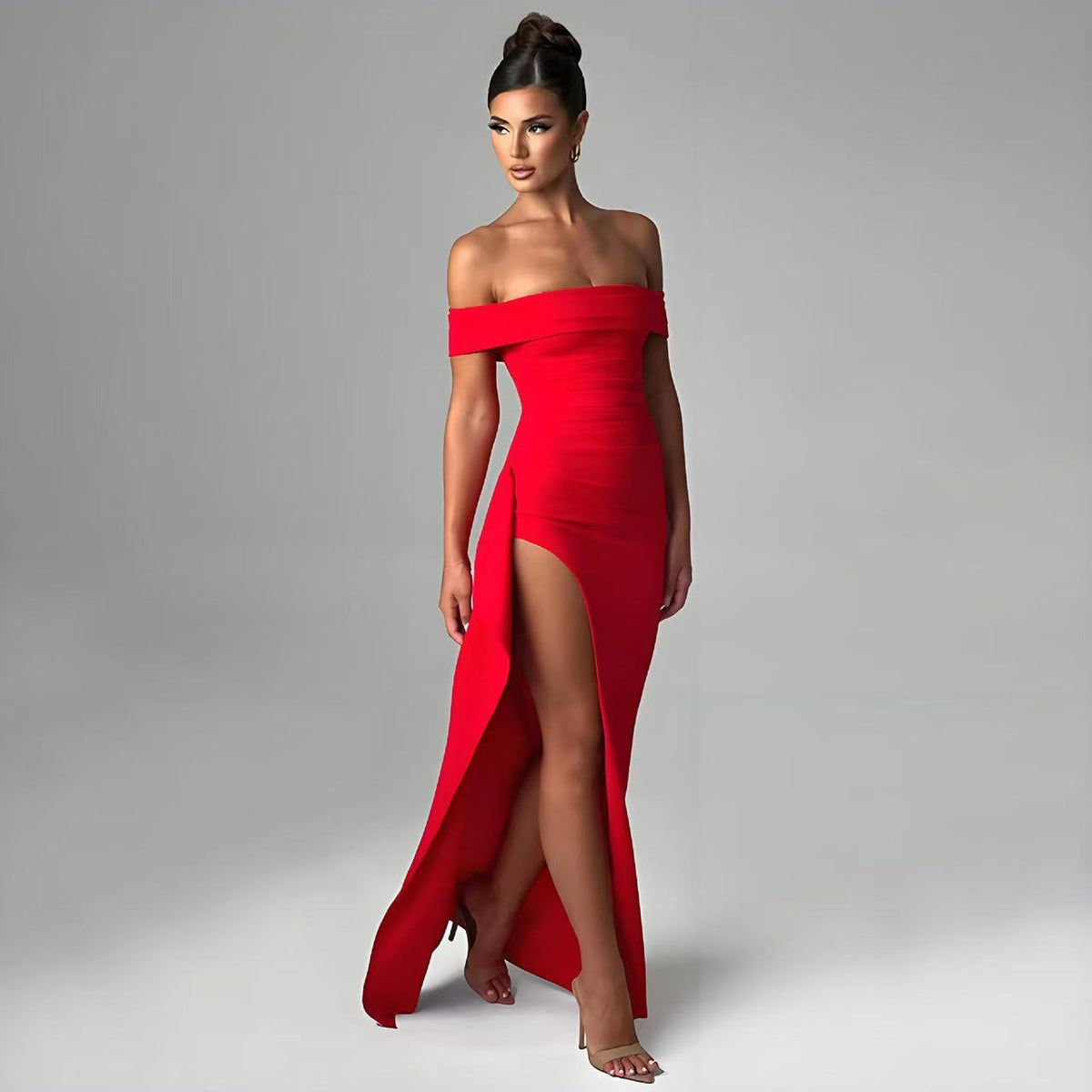 Women's Off Shoulder Maxi Dress High Slit Ruched Bodycon Party Evening Gown