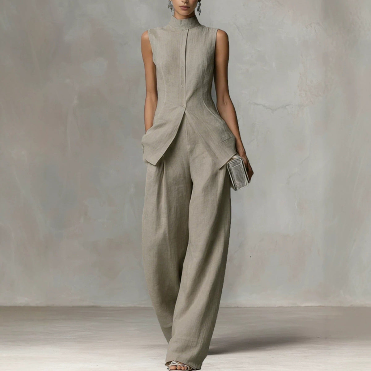 Women's Sleeveless Jumpsuit Set Mock Neck Button Front Slim Top Wide Leg Pants Casual