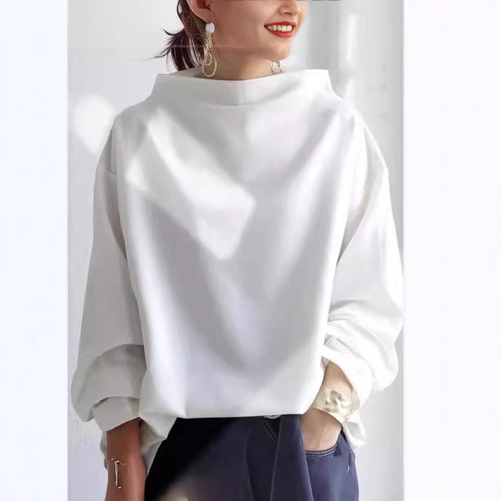 Women's High-Neck Pullover Top Long Sleeve Loose Fit Casual