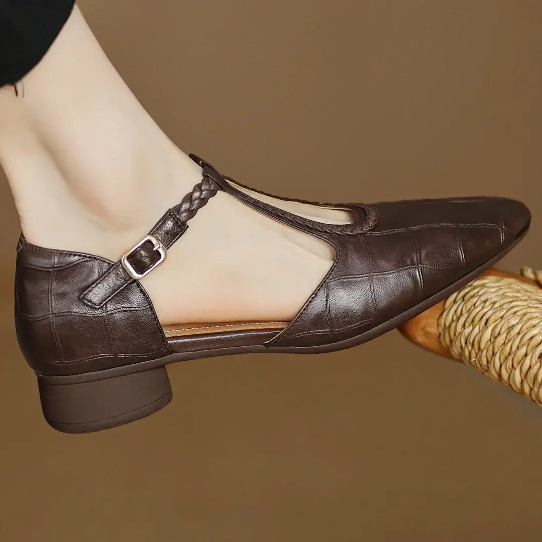Women's Orthopedic T-Strap Shoes Braided Pointed-Toe Low Block Heel Everyday