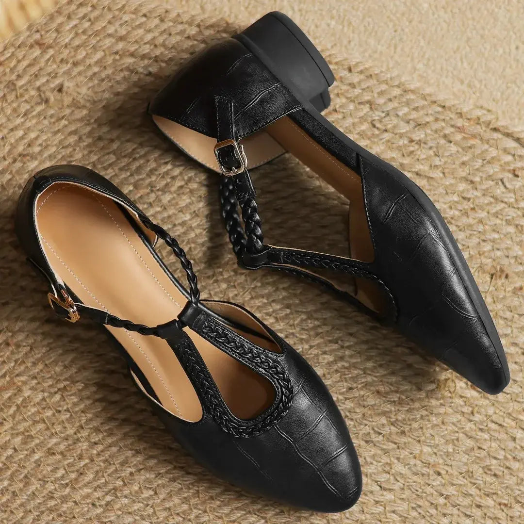 Women's Orthopedic T-Strap Shoes Braided Pointed-Toe Low Block Heel Everyday
