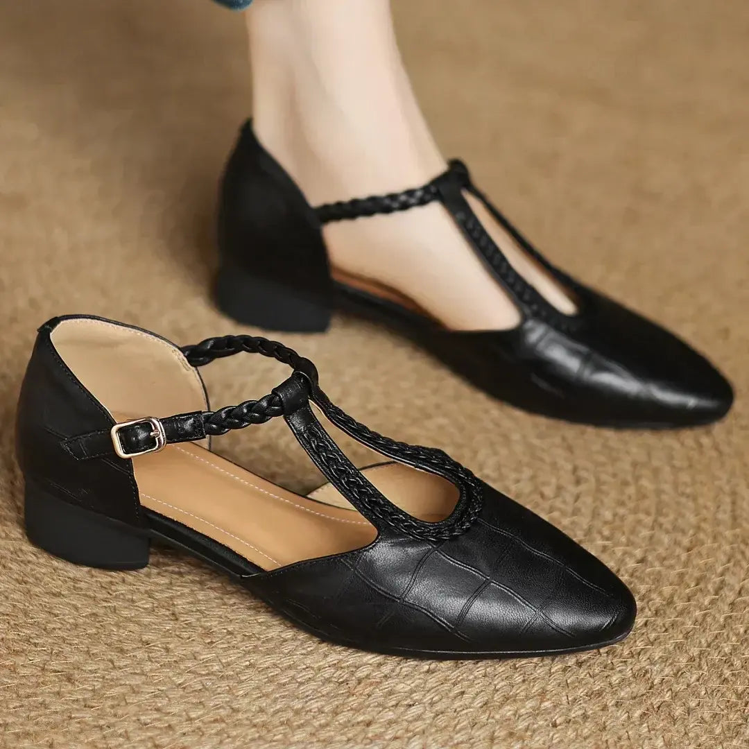 Women's Orthopedic T-Strap Shoes Braided Pointed-Toe Low Block Heel Everyday