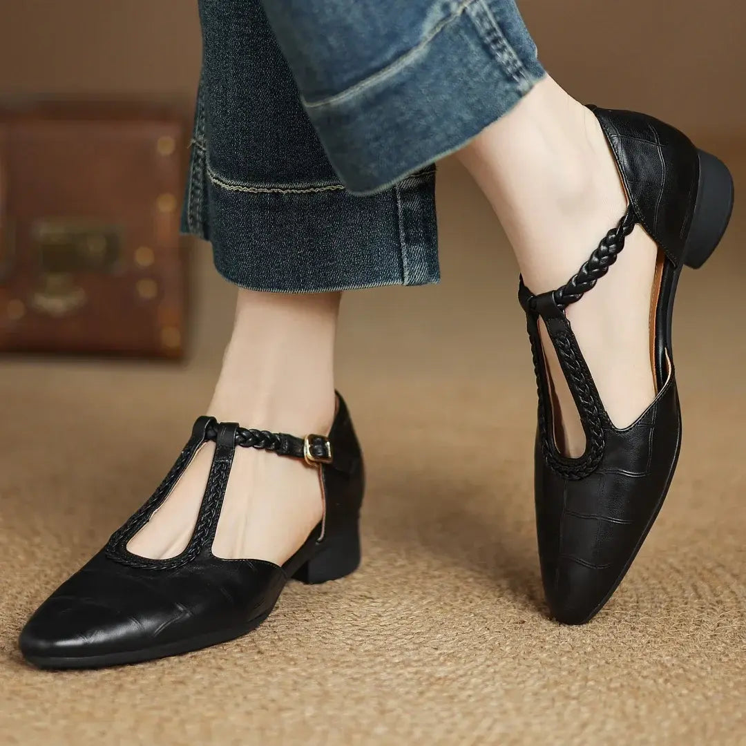 Women's Orthopedic T-Strap Shoes Braided Pointed-Toe Low Block Heel Everyday
