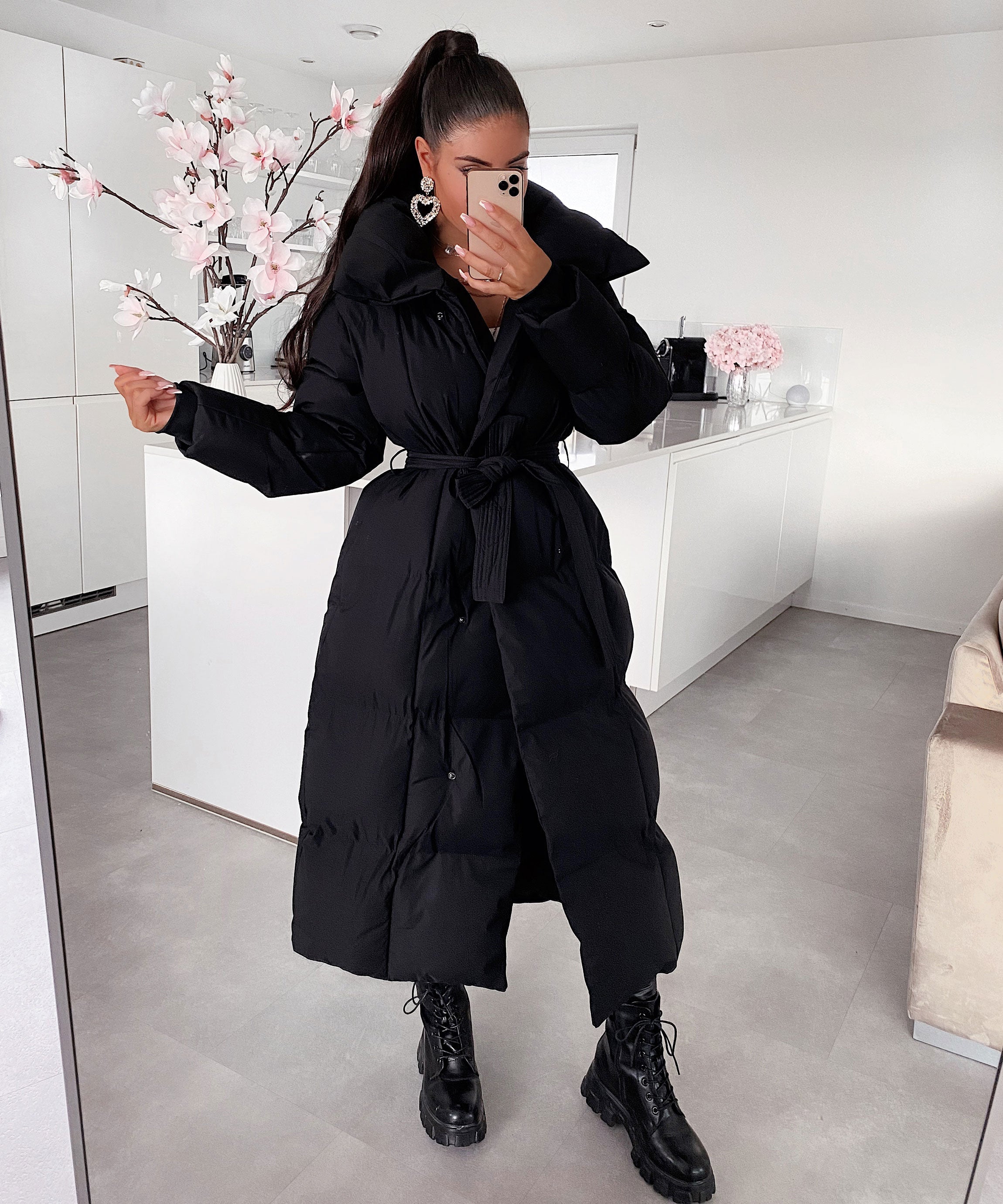 Women's Long Puffer Coat Belted High Collar Maxi Winter Jacket – Black