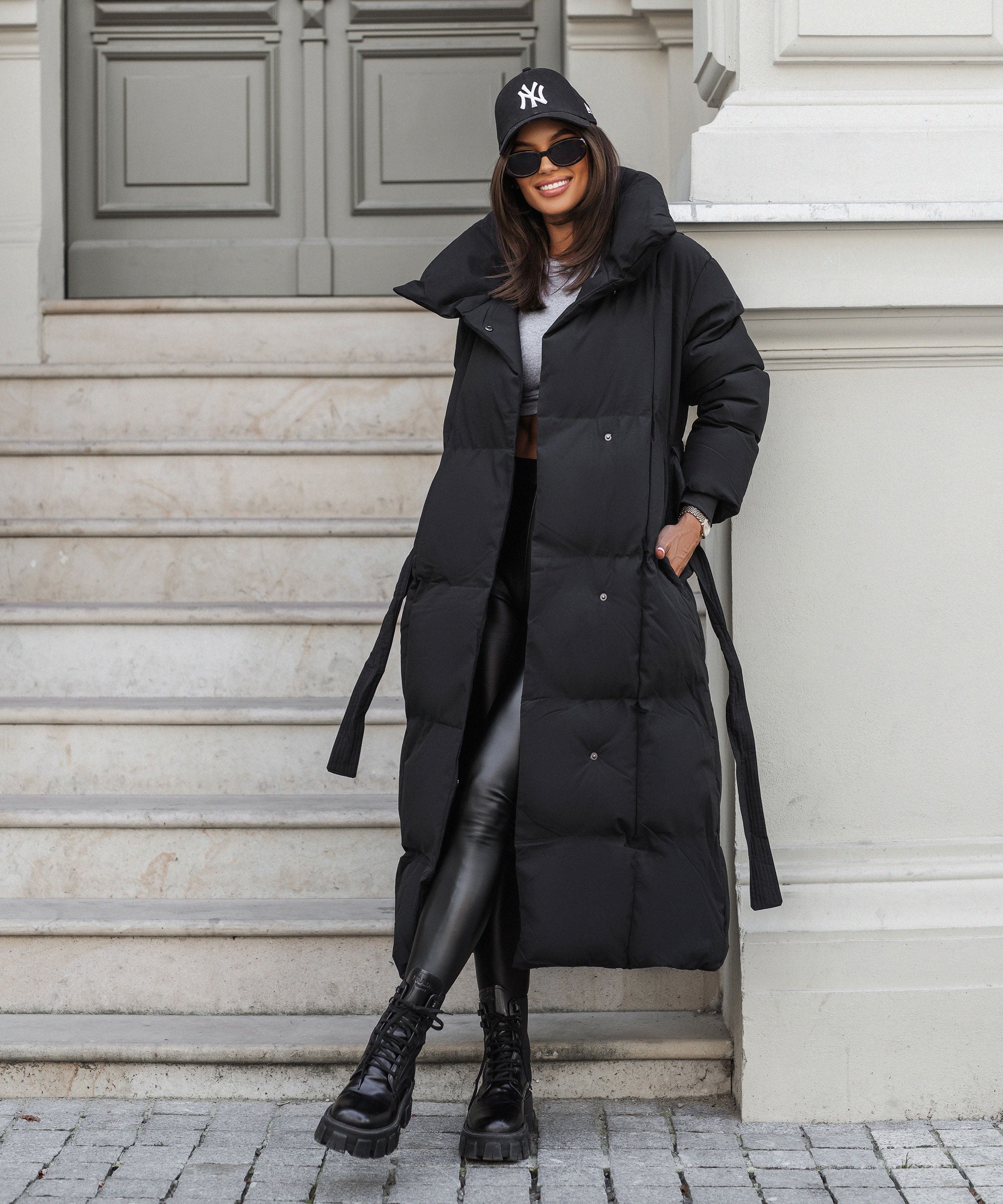 Women's Long Puffer Coat Belted High Collar Maxi Winter Jacket – Black
