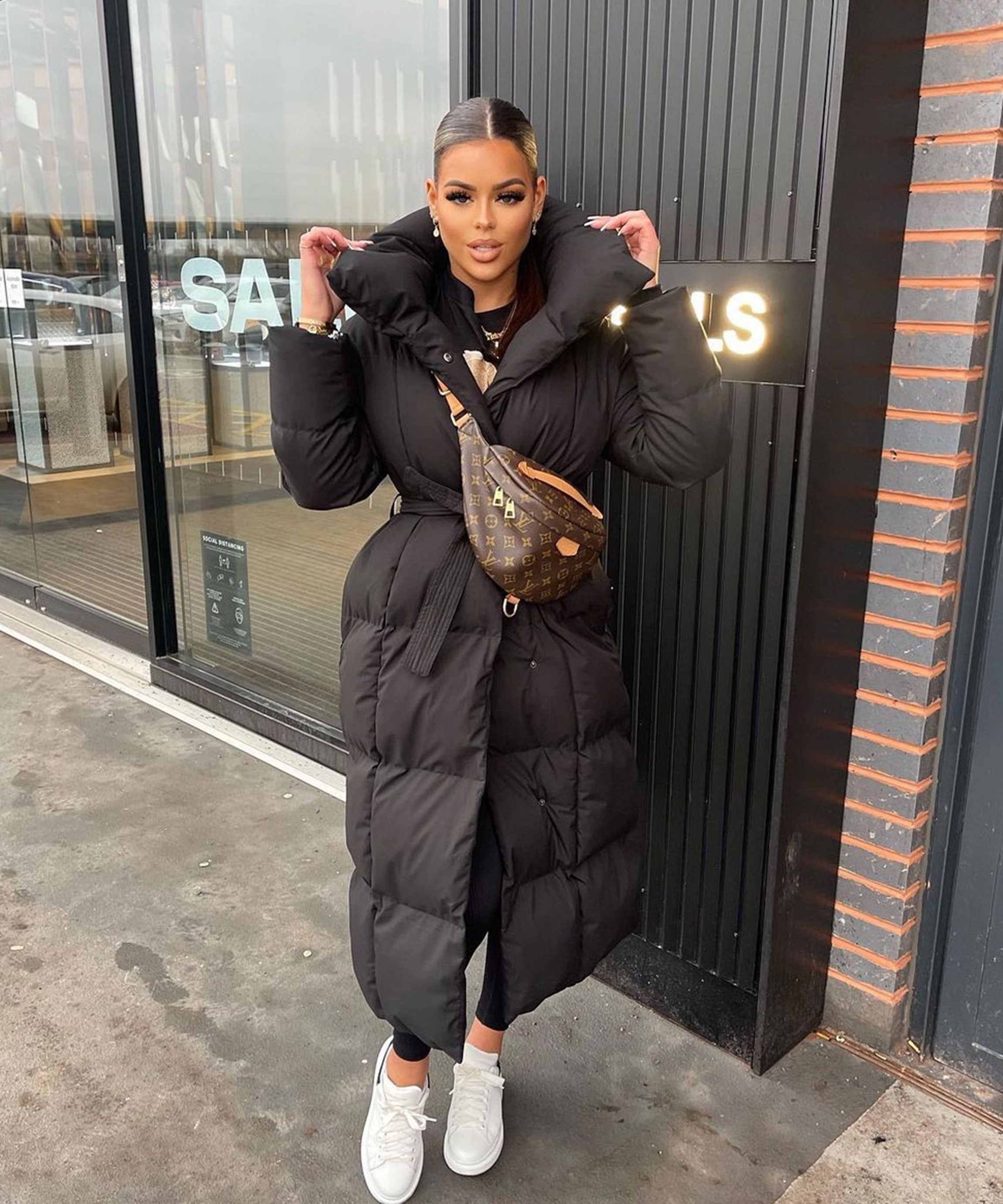 Women's Long Puffer Coat Belted High Collar Maxi Winter Jacket – Black