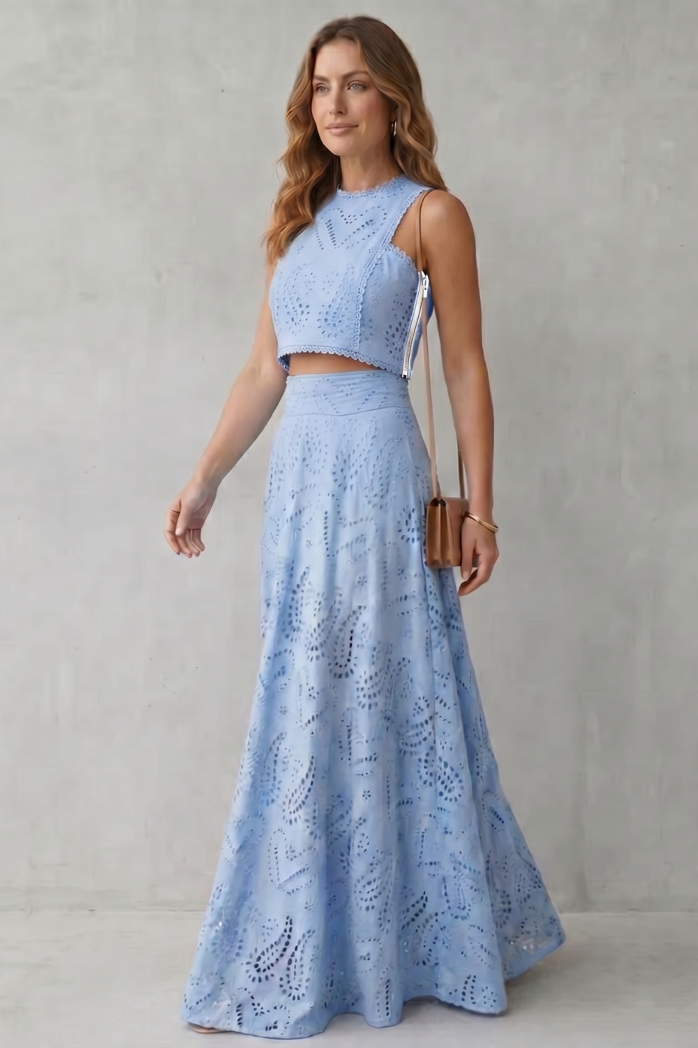 Women's Eyelet Lace Skirt Set Sleeveless Crop Top Maxi Skirt Blue