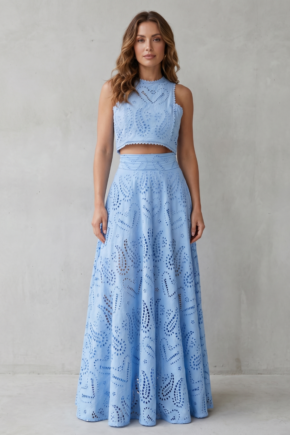 Women's Eyelet Lace Skirt Set Sleeveless Crop Top Maxi Skirt Blue