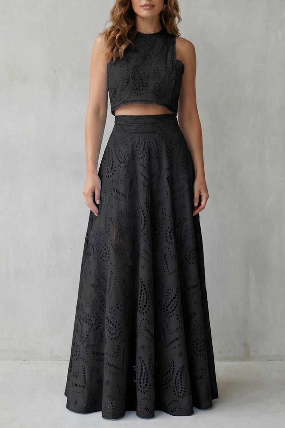 Women's Eyelet Lace Skirt Set Sleeveless Crop Top Maxi Skirt Blue