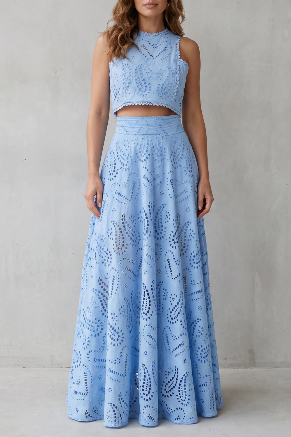 Women's Eyelet Lace Skirt Set Sleeveless Crop Top Maxi Skirt Blue