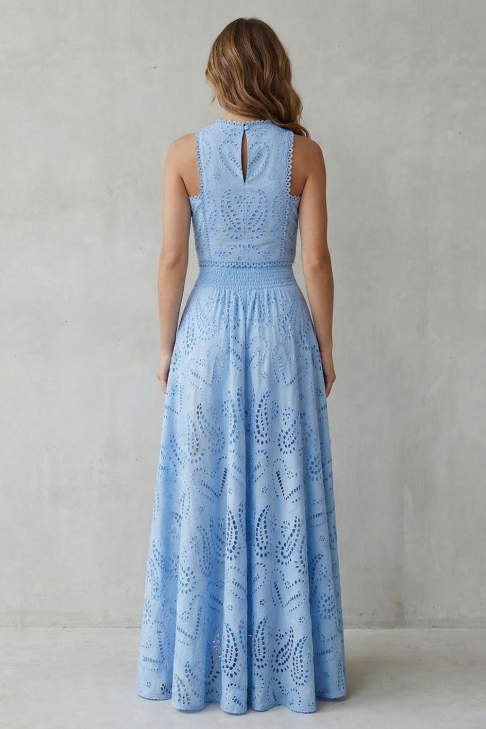 Women's Eyelet Lace Skirt Set Sleeveless Crop Top Maxi Skirt Blue