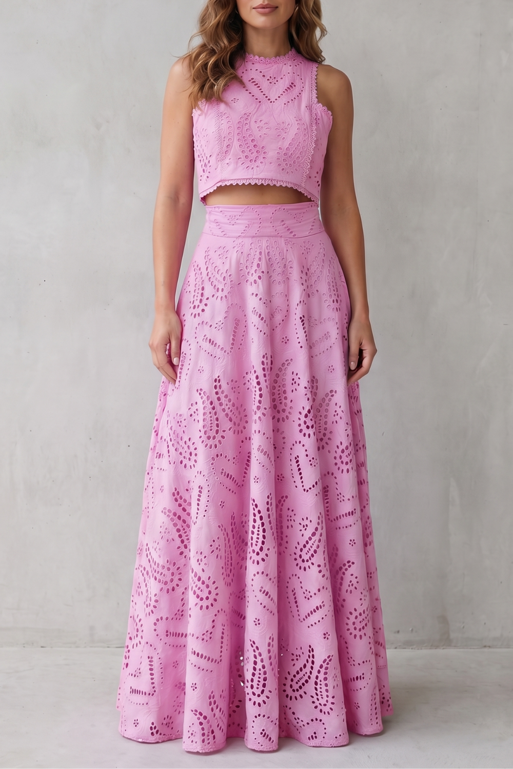 Women's Eyelet Lace Skirt Set Sleeveless Crop Top Maxi Skirt Blue