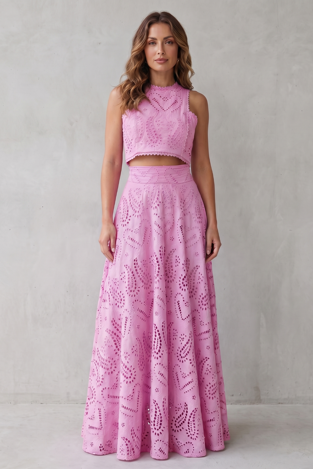 Women's Eyelet Lace Skirt Set Sleeveless Crop Top Maxi Skirt Blue
