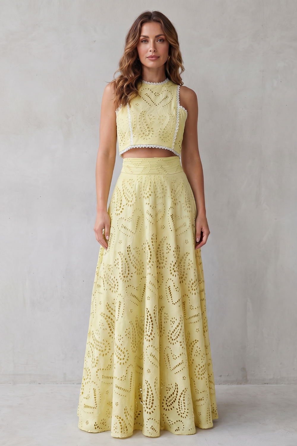 Women's Eyelet Lace Skirt Set Sleeveless Crop Top Maxi Skirt Blue
