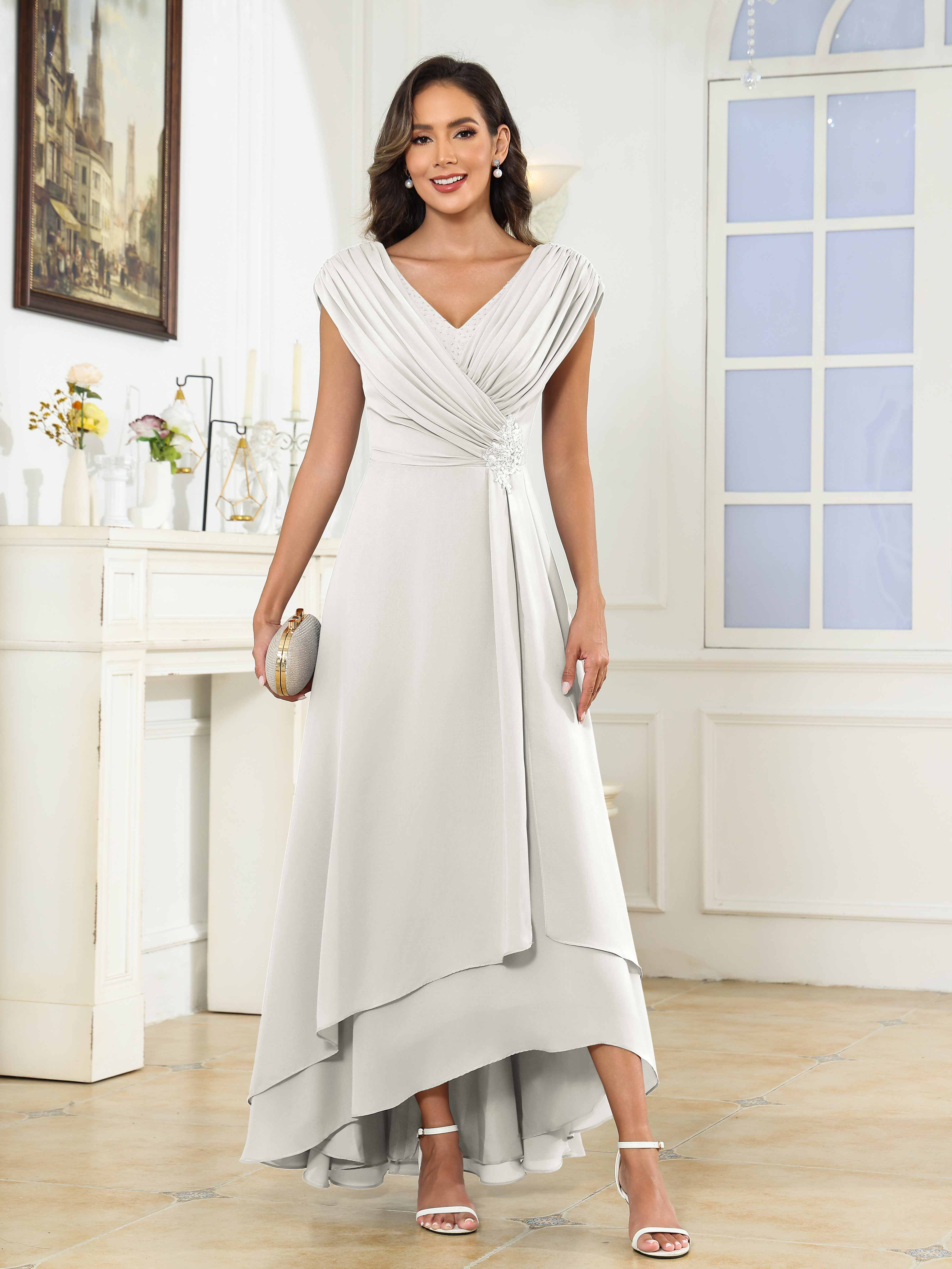 Women's A-Line High Low Beaded Pleated Chiffon Mother Of The Bride Dress