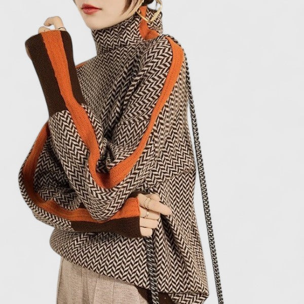 Women's Turtleneck Herringbone Sweater Colorblock Long Sleeve Knit Winter Pullover