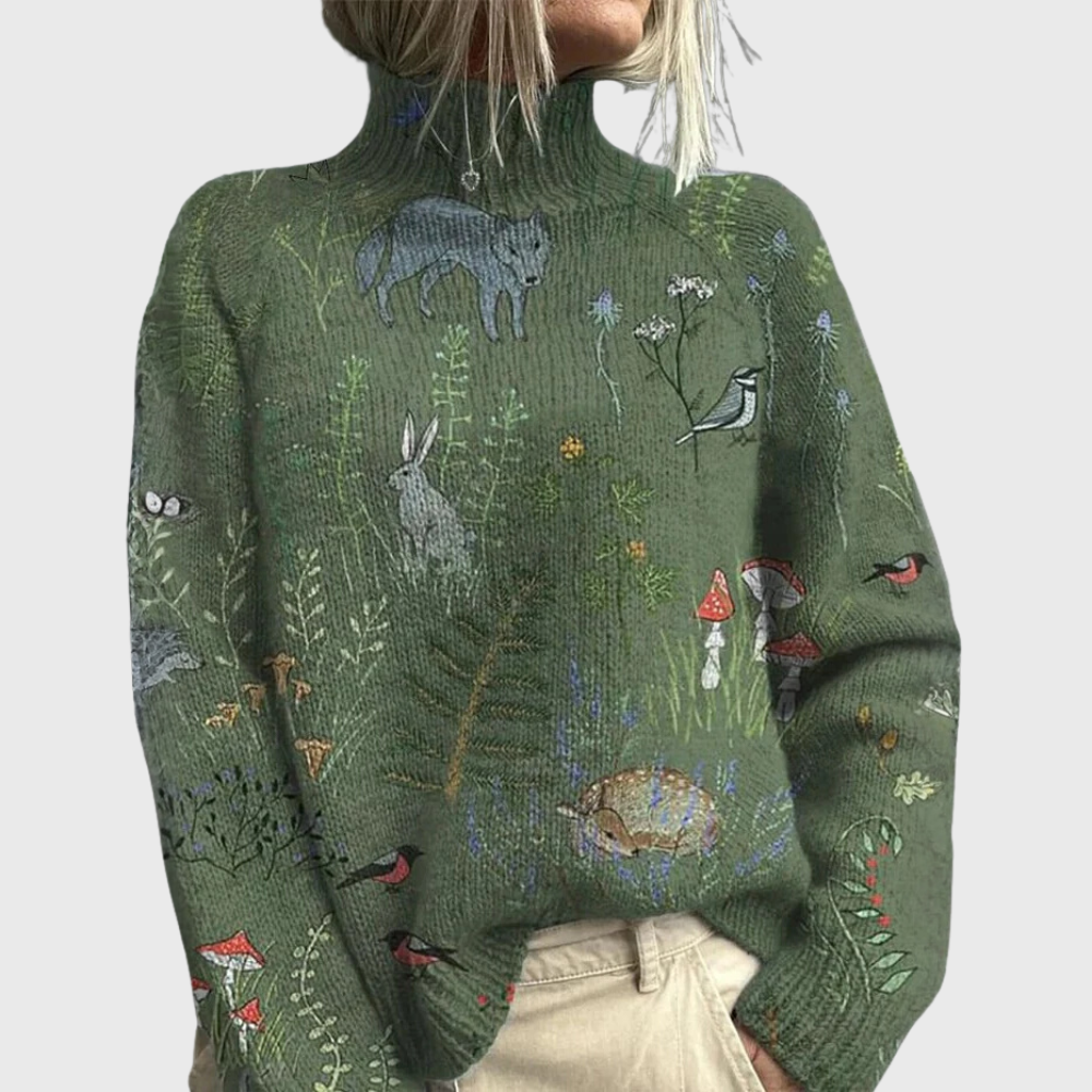 Women's Turtleneck Sweater Long Sleeve Printed Knit Winter Pullover