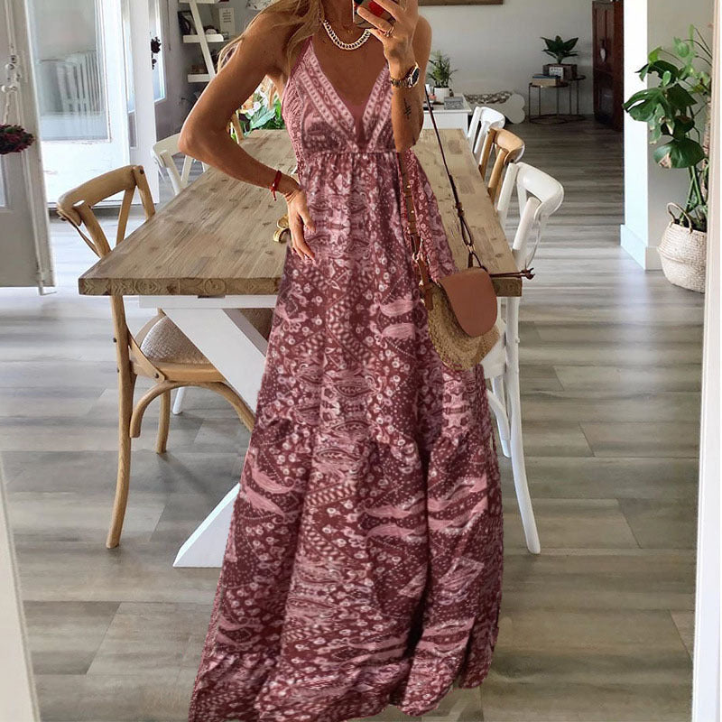 Women's Maxi Dress V-Neck Spaghetti Straps Flowy Draped Casual