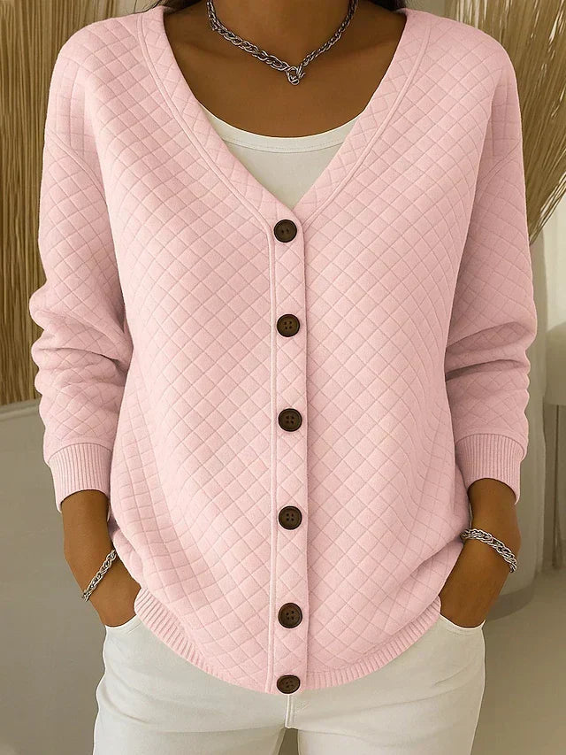 Women's Quilted Cardigan V-Neck Long Sleeve Button Front Cotton Blend Casual