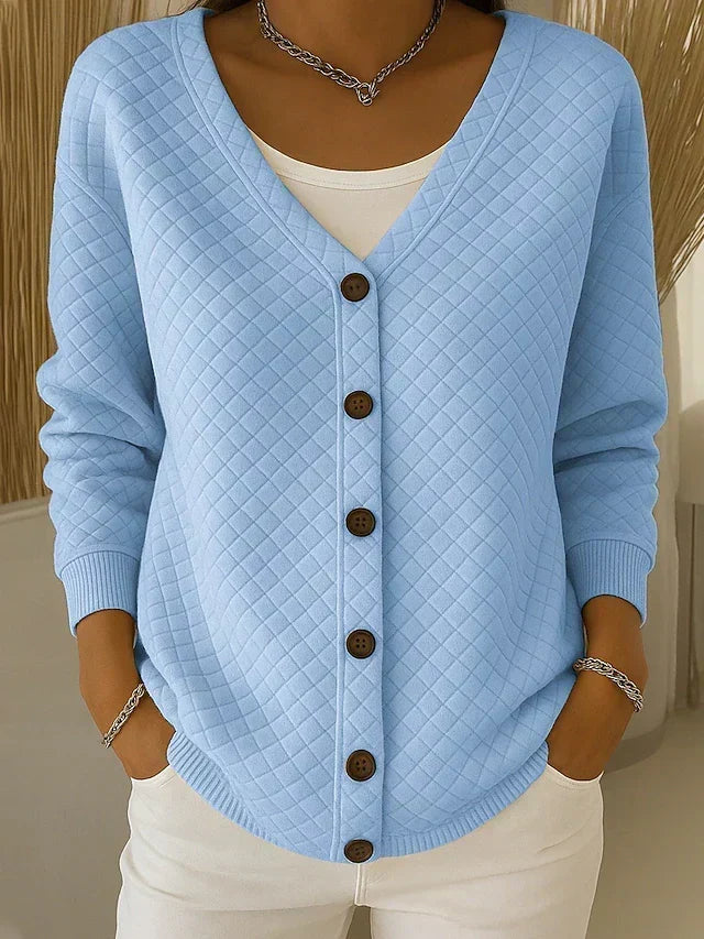 Women's Quilted Cardigan V-Neck Long Sleeve Button Front Cotton Blend Casual