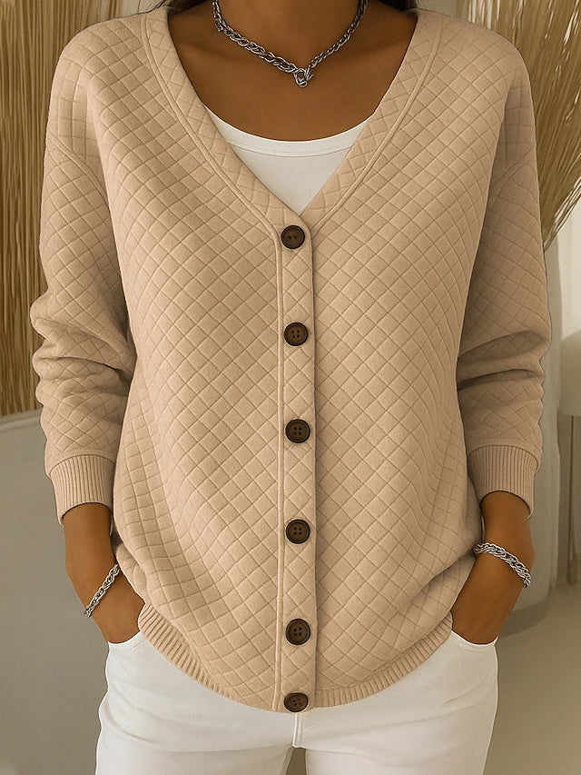 Women's Quilted Cardigan V-Neck Long Sleeve Button Front Cotton Blend Casual