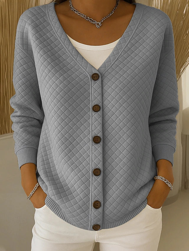 Women's Quilted Cardigan V-Neck Long Sleeve Button Front Cotton Blend Casual