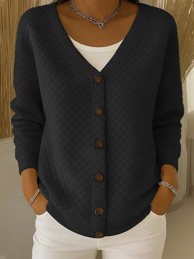 Women's Quilted Cardigan V-Neck Long Sleeve Button Front Cotton Blend Casual