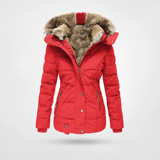 Women's Hooded Puffer Jacket – Mid-Length Quilted Fur Trim Winter Coat