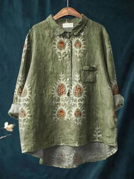 Women's Floral Linen Shirt Long Sleeve Button-Down Chest Pocket Casual Blouse
