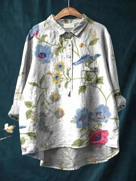 Women's Floral Linen Shirt Long Sleeve Button-Down Chest Pocket Casual Blouse