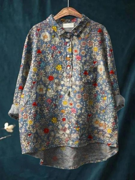 Women's Floral Linen Shirt Long Sleeve Button-Down Chest Pocket Casual Blouse