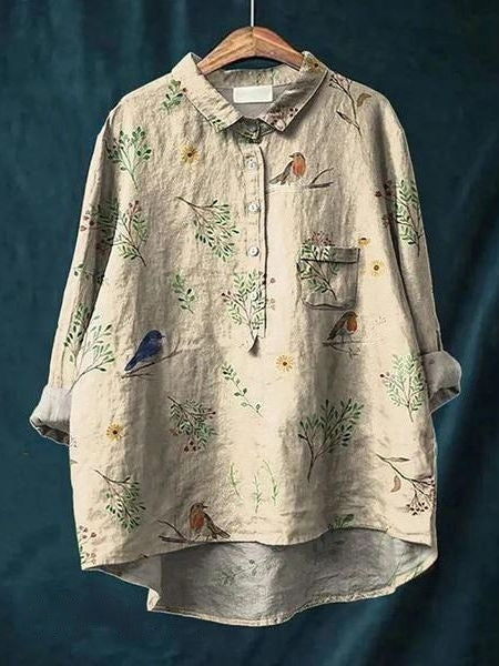Women's Floral Linen Shirt Long Sleeve Button-Down Chest Pocket Casual Blouse