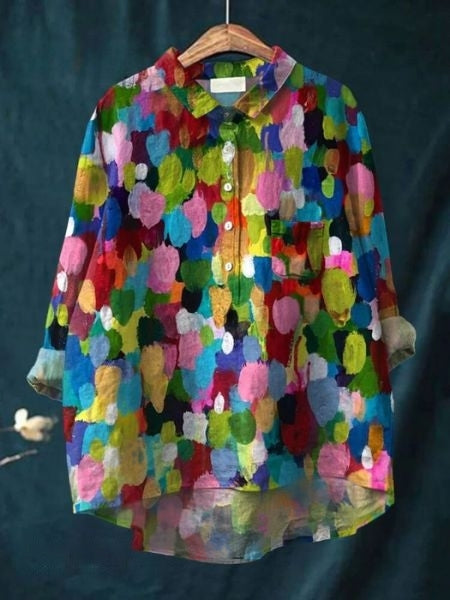 Women's Floral Linen Shirt Long Sleeve Button-Down Chest Pocket Casual Blouse