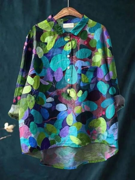 Women's Floral Linen Shirt Long Sleeve Button-Down Chest Pocket Casual Blouse