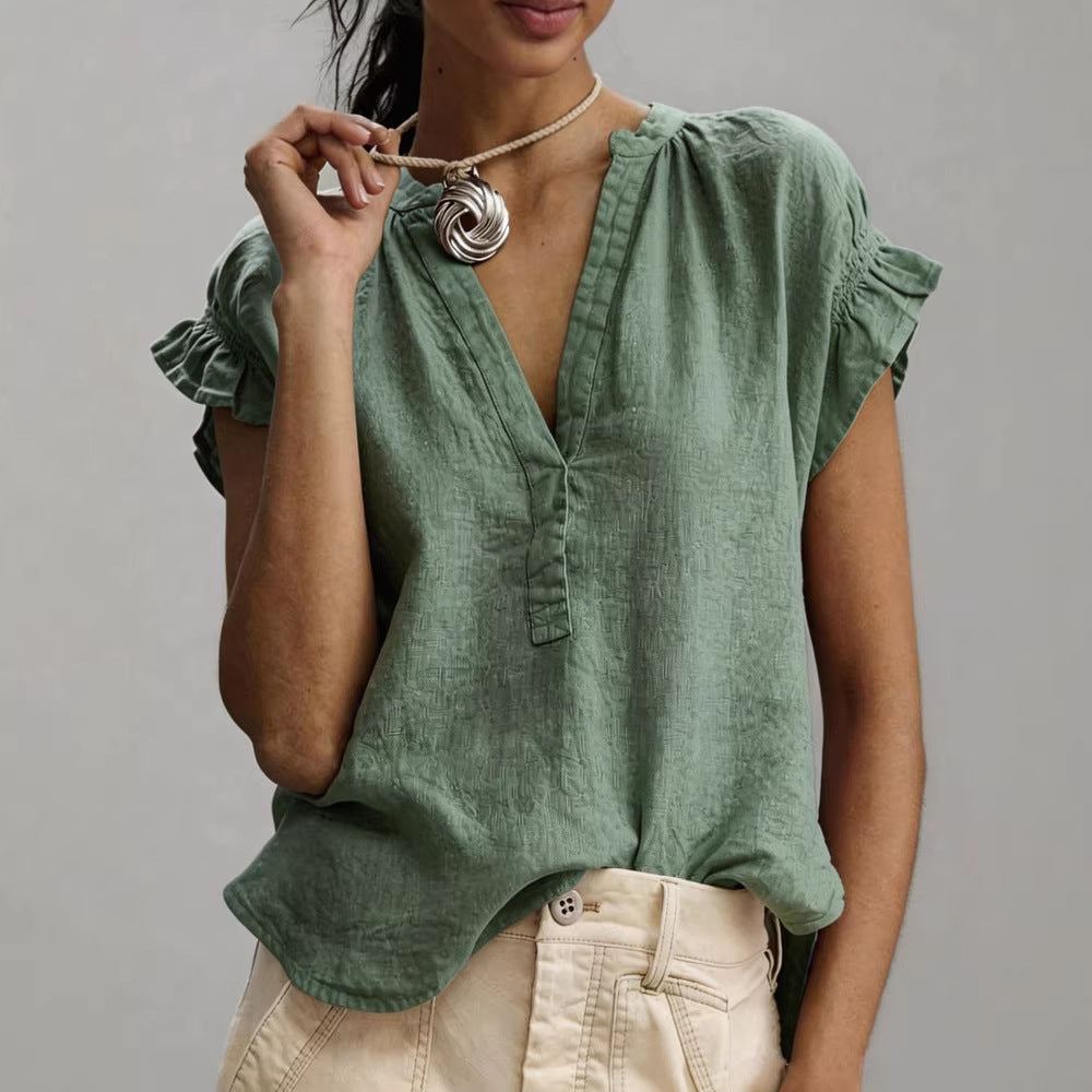 Women's Linen Blouse V-Neck Ruffle Sleeve Relaxed Fit Casual Top