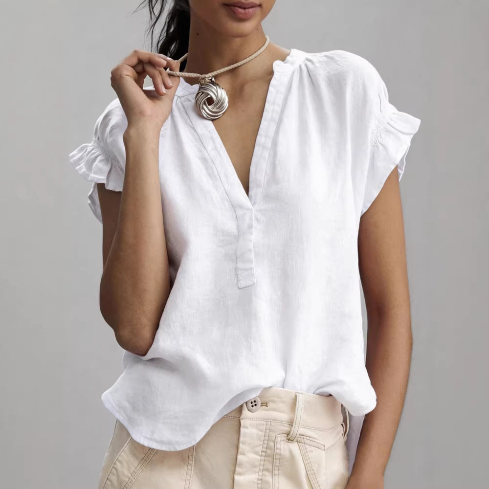 Women's Linen Blouse V-Neck Ruffle Sleeve Relaxed Fit Casual Top
