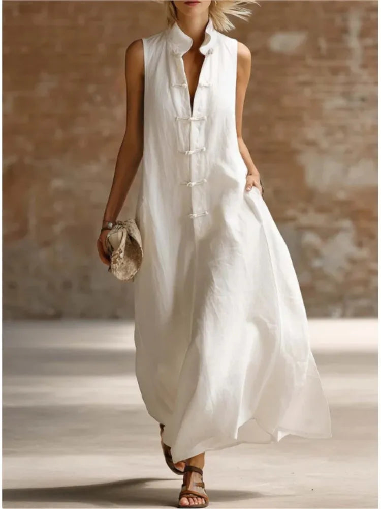 Women's Linen Maxi Dress Mandarin Collar Sleeveless Frog Button Casual