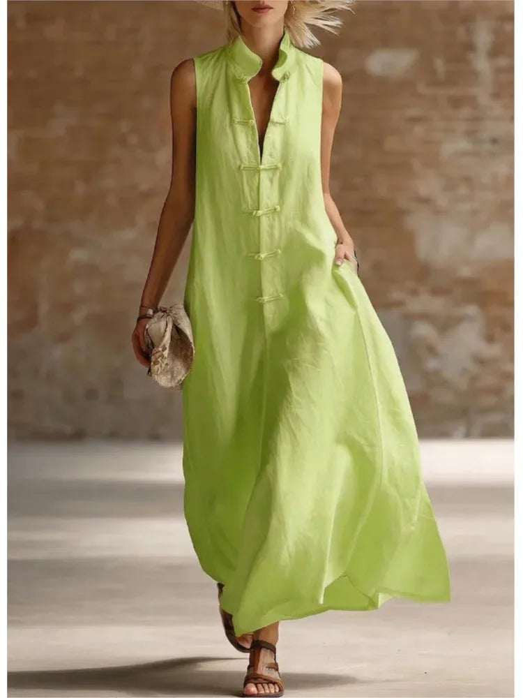Women's Linen Maxi Dress Mandarin Collar Sleeveless Frog Button Casual
