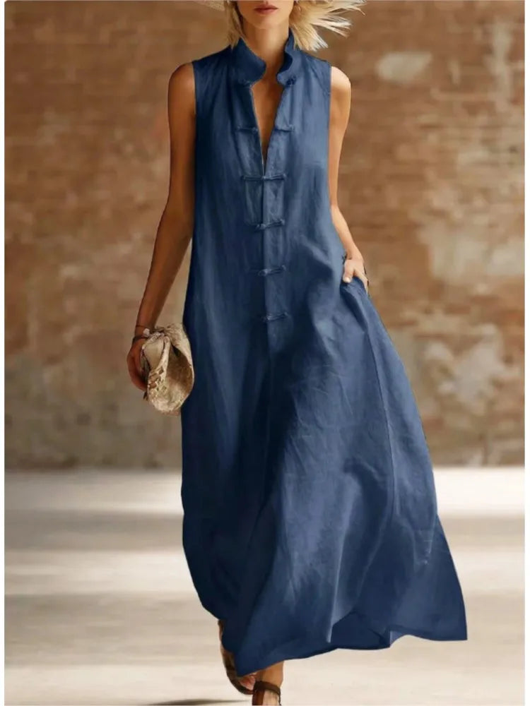 Women's Linen Maxi Dress Mandarin Collar Sleeveless Frog Button Casual