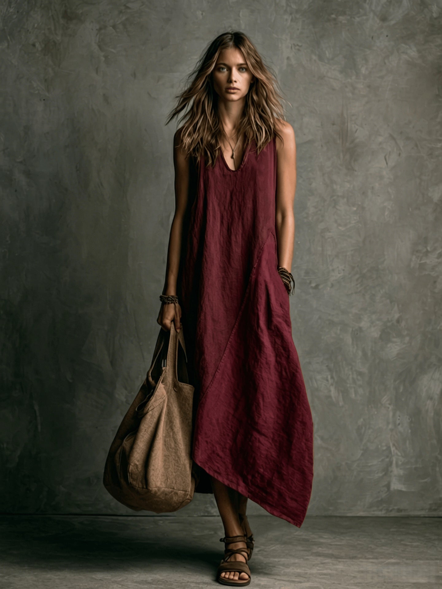 Women's Linen Maxi Dress V-Neck Sleeveless Asymmetric Hem Beach Casual