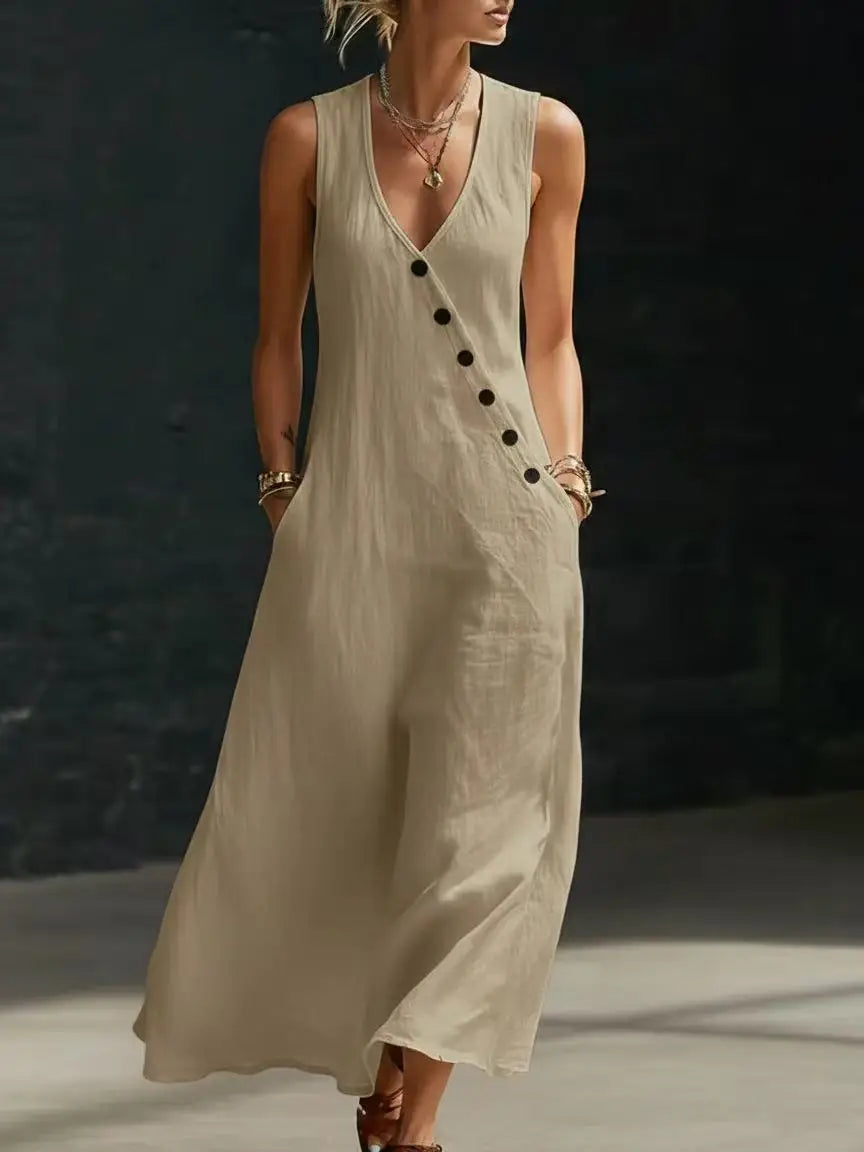 Women's Linen Maxi Dress V-Neck Sleeveless Diagonal Button Casual Beach