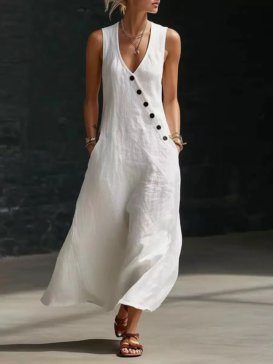 Women's Linen Maxi Dress V-Neck Sleeveless Diagonal Button Casual Beach