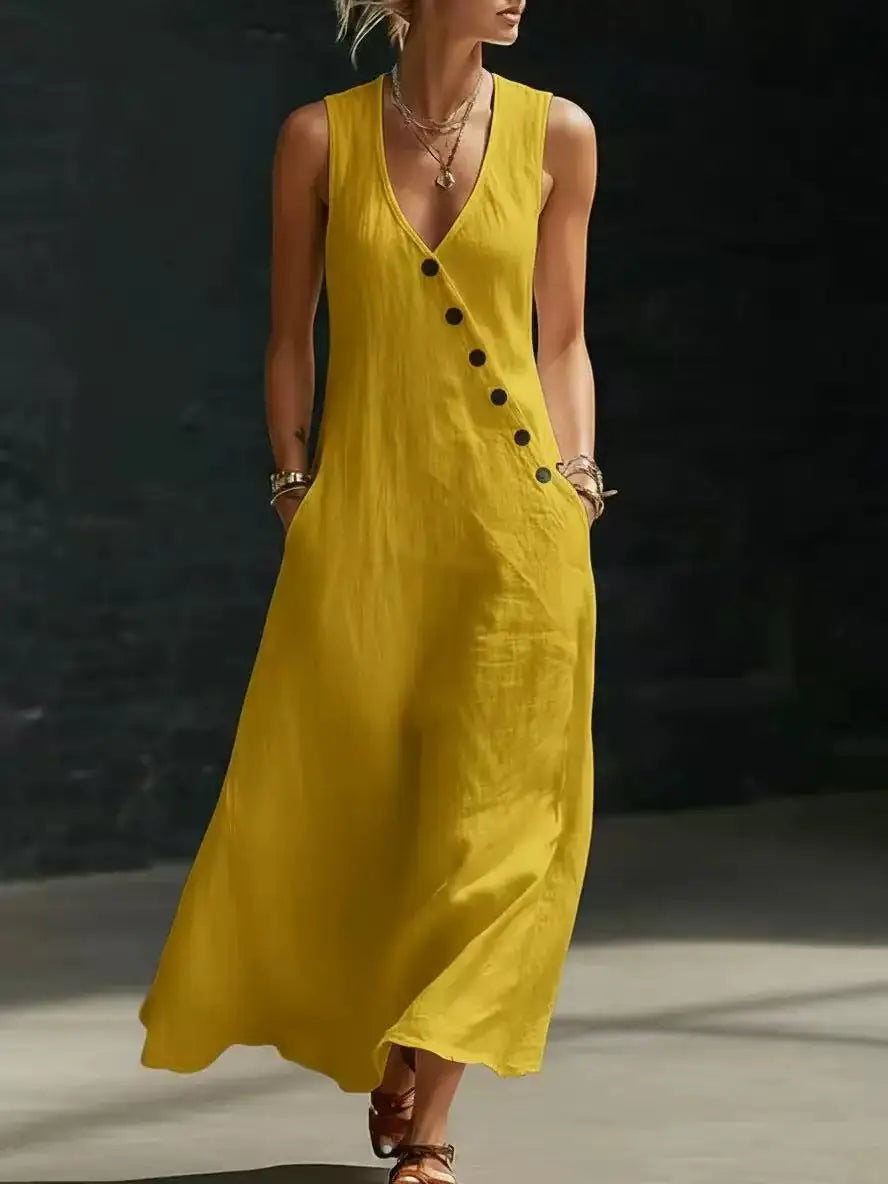 Women's Linen Maxi Dress V-Neck Sleeveless Diagonal Button Casual Beach