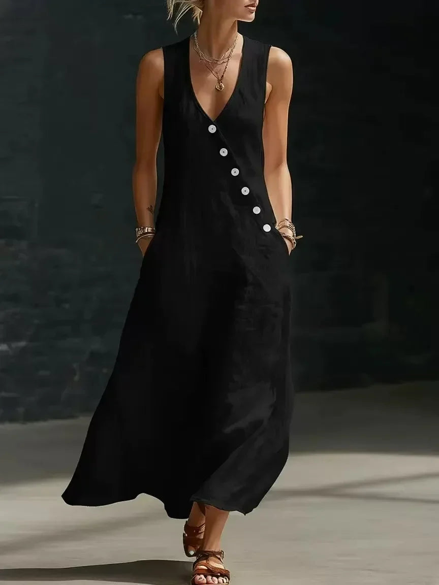 Women's Linen Maxi Dress V-Neck Sleeveless Diagonal Button Casual Beach