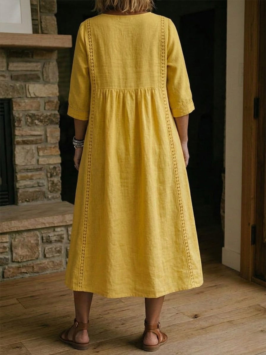Women's Linen Midi Dress V-Neck 3/4 Sleeve Lace Trim Side Pockets Casual