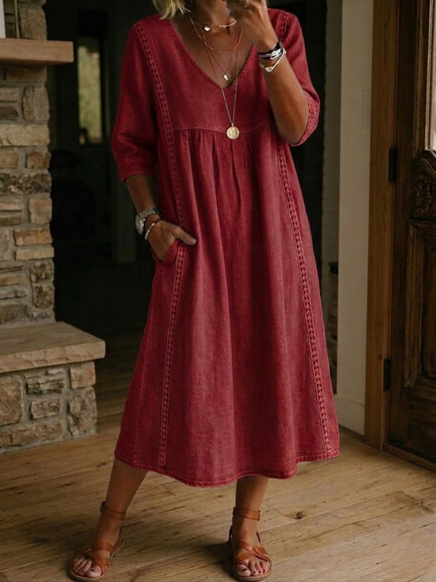 Women's Linen Midi Dress V-Neck 3/4 Sleeve Lace Trim Side Pockets Casual