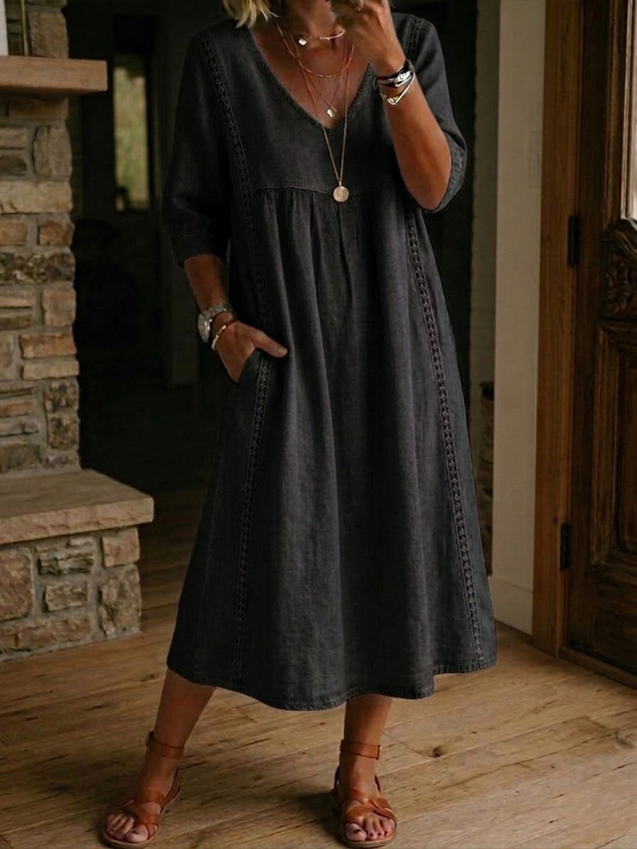 Women's Linen Midi Dress V-Neck 3/4 Sleeve Lace Trim Side Pockets Casual